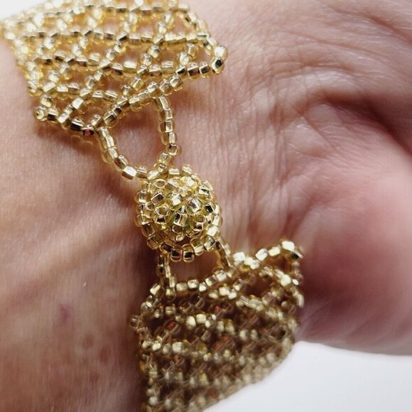 Artisan Hand Beaded Netted Bracelet With Flower Focal Silver Lined Gold Beads - Picture 4 of 6